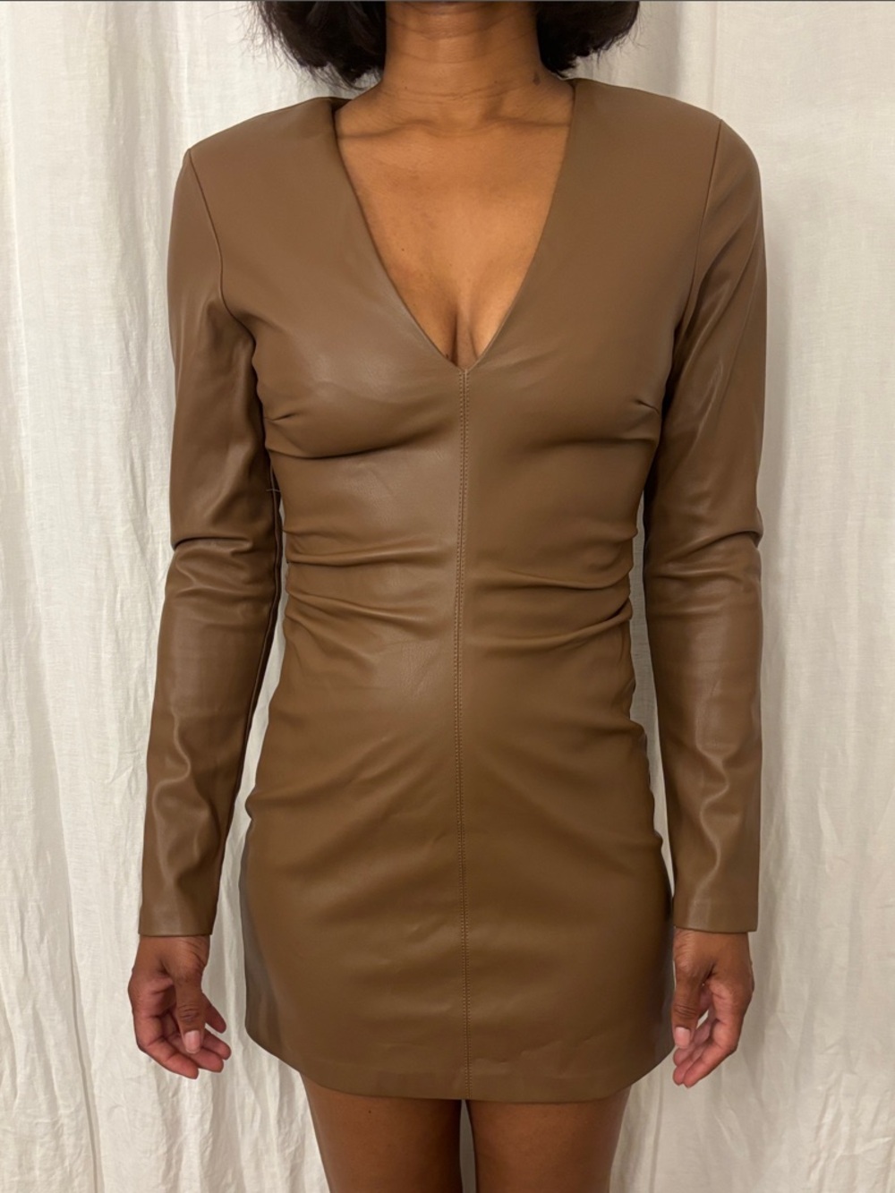 NWT Zara Brown Faux Leather V-Neck Long Sleeve Mini Dress